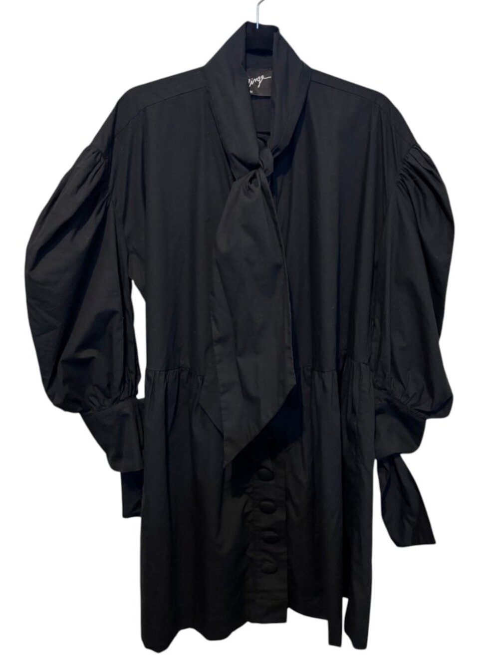 Elzinga Black Cotton Puff Sleeve Tie Neck Dress